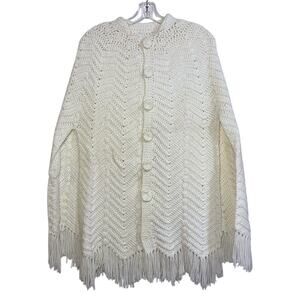 Vintage Handmade Crochet Poncho Cape Fringe Boho Ivory Sweater